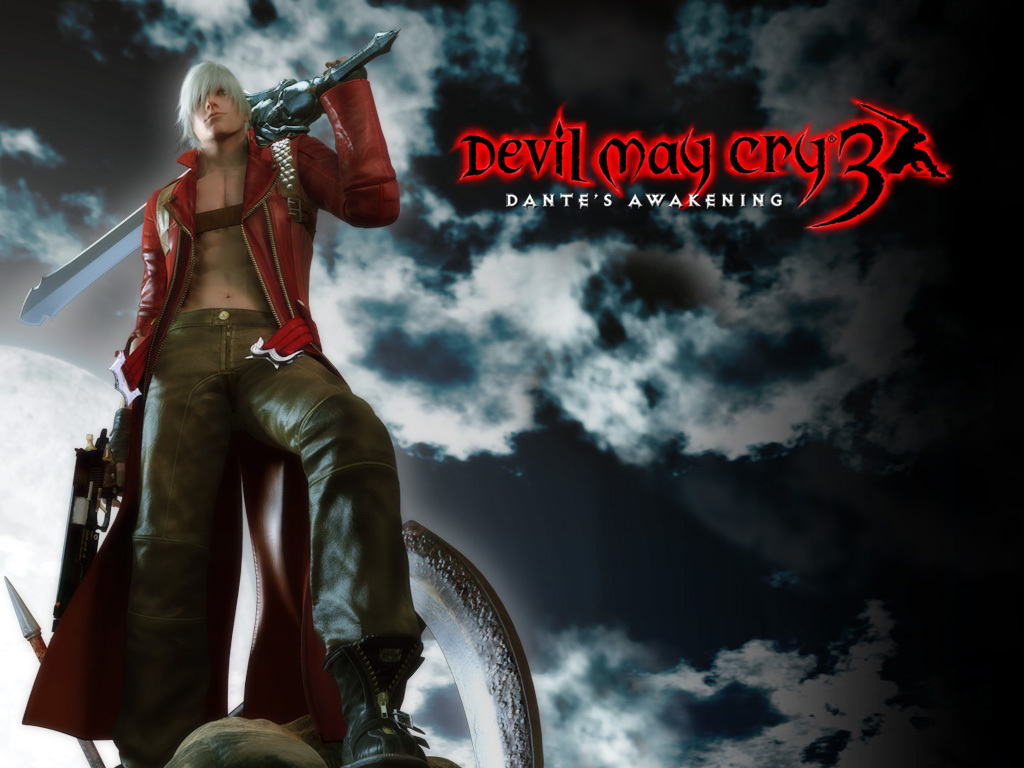 promotional art for Devil May Cry 3 featuring Dante with his sword slung over his shoulder against a cloudy sky